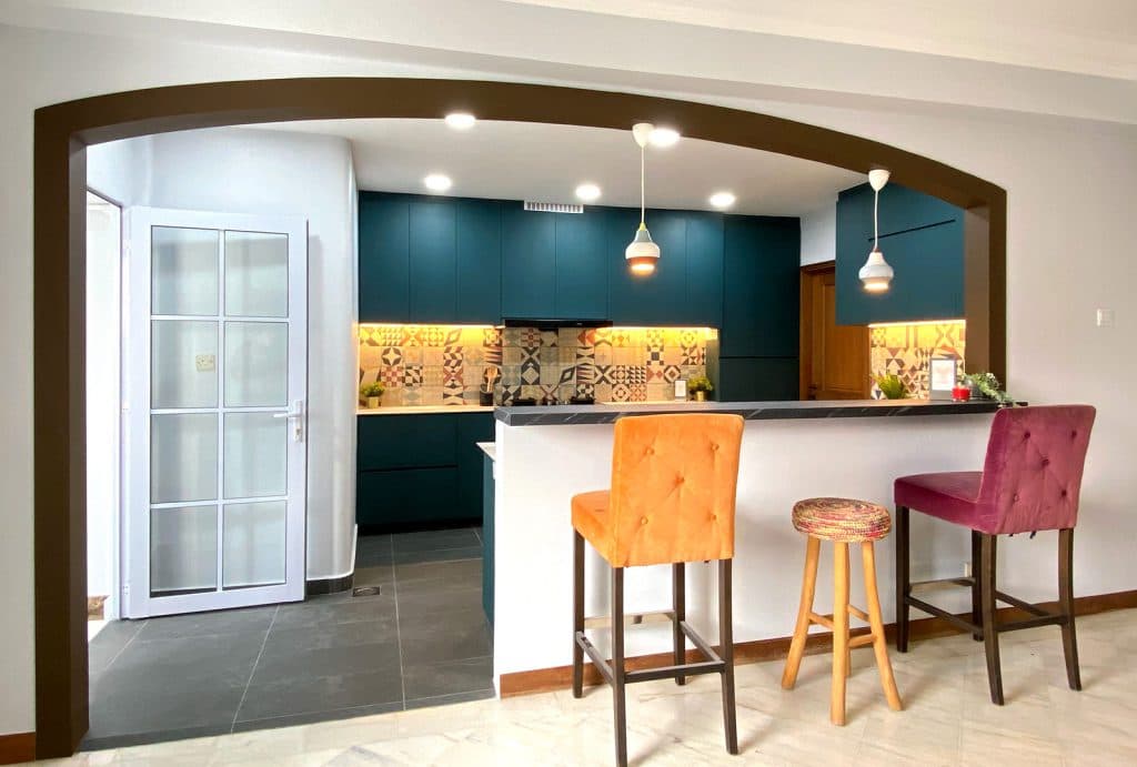 open concept kitchen with a counter island as divider