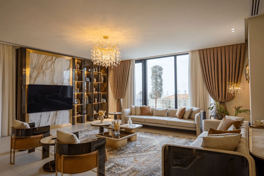 A living room with drapery.